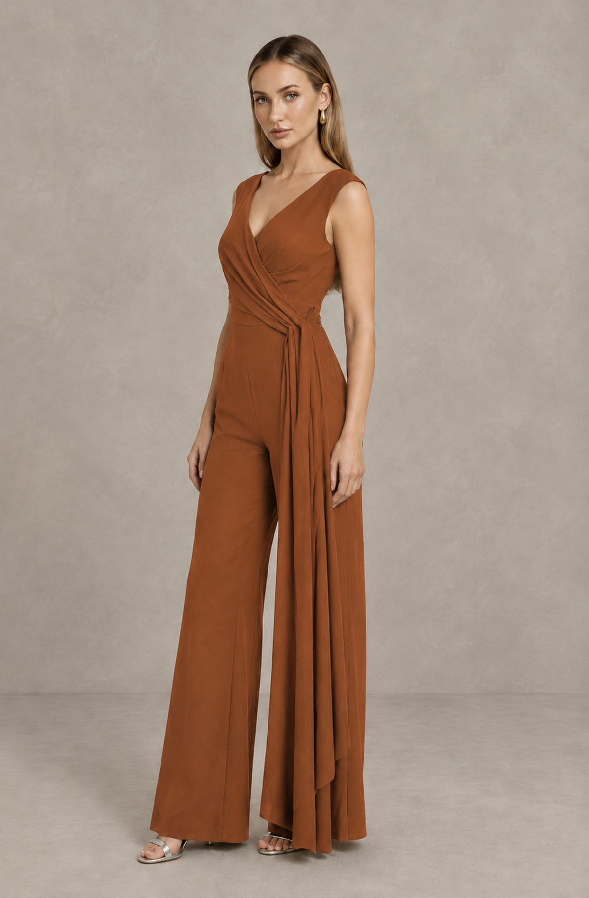 BOLODOO Burnt Orange Sleeveless V-Neck Wide-Leg Jumpsuit with Side Drape - Burnt Orange - Burnt Orange_04