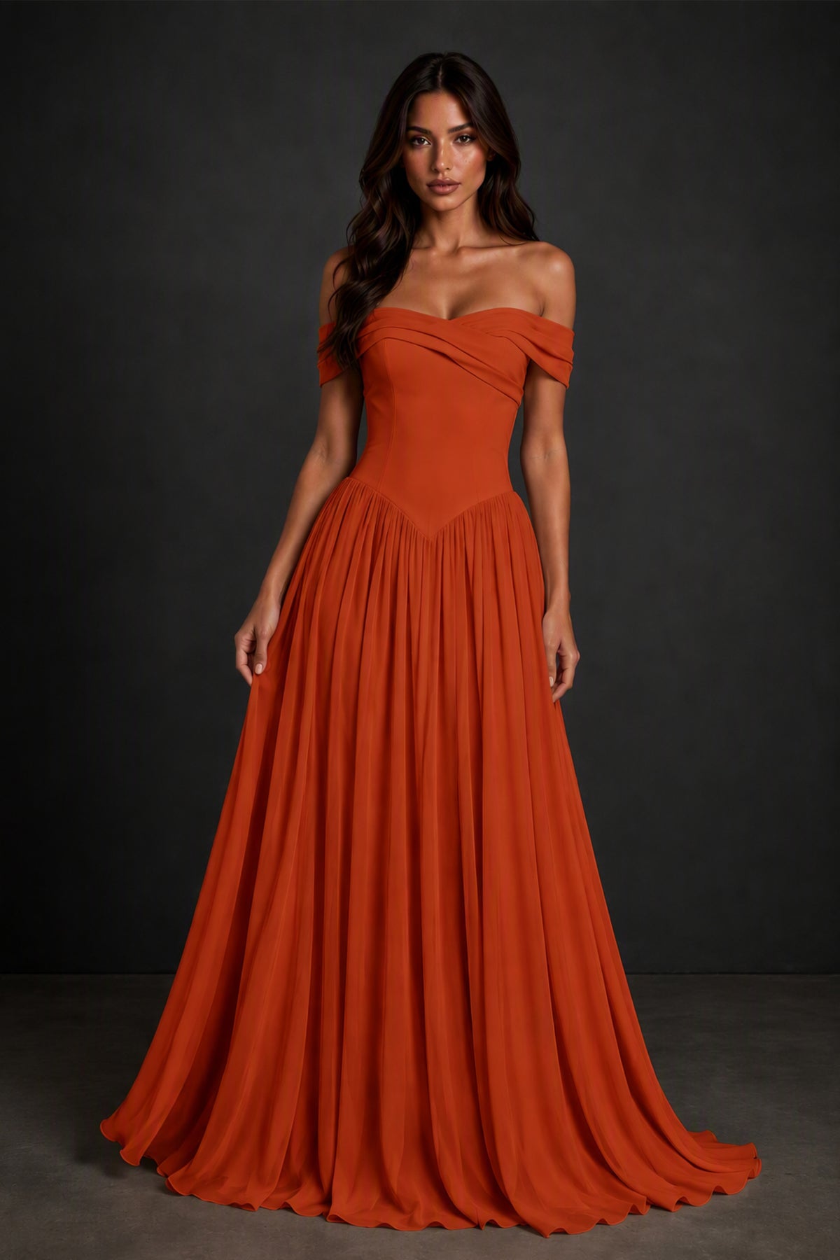 BOLODOO Burnt Orange Off-Shoulder Sweetheart Corset Pleated Chiffon Maxi Dress - Burnt Orange