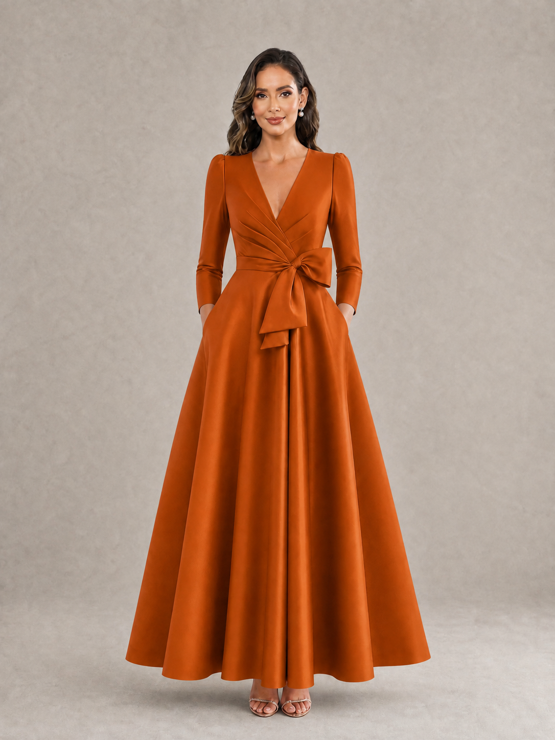 BOLODOO Burnt Orange Satin Deep V-Neck Wrap 3/4 Puff Sleeve A-Line Ball Gown Maxi Dress with Oversized Bow Belt - Burnt Orange