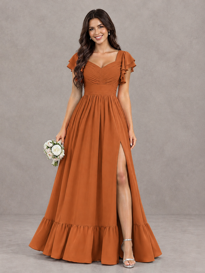 BOLODOO Burnt Orange Flutter Sleeve Bridesmaid Dress with Slit - Burnt Orange - Burnt Orange_1