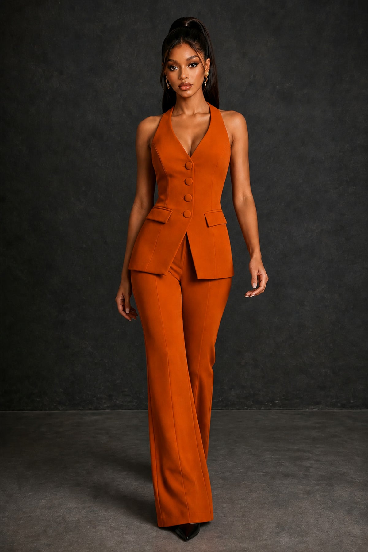 BOLODOO Burnt Orange Halter Neck Deep V Open Back– Formal Suit with Wide-Leg Pants - Burnt Orange
