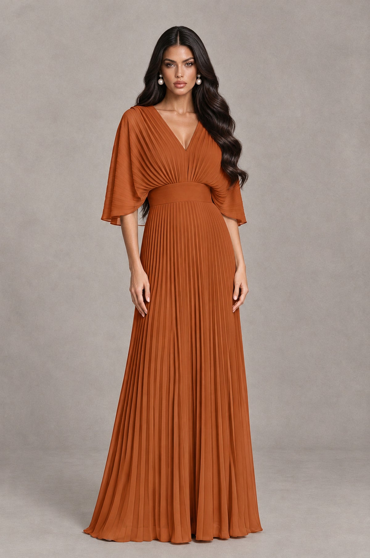 BOLODOO Burnt Orange V-Neck Pleated Flutter Sleeve Formal Dress - Burnt Orange - Burnt Orange_1