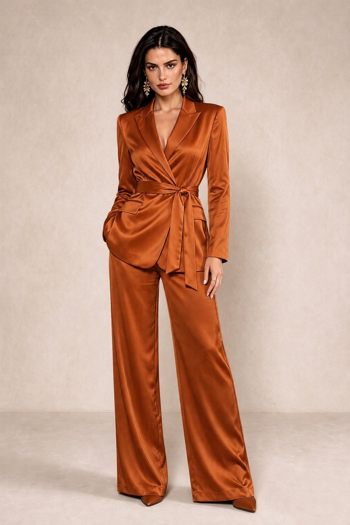 BOLODOO Burnt Orange Satin Wrap Blazer Wide-Leg Pants Two-Piece Suit Set – Evening Gala Wedding Guest - Burnt Orange - Burnt_Orange_1