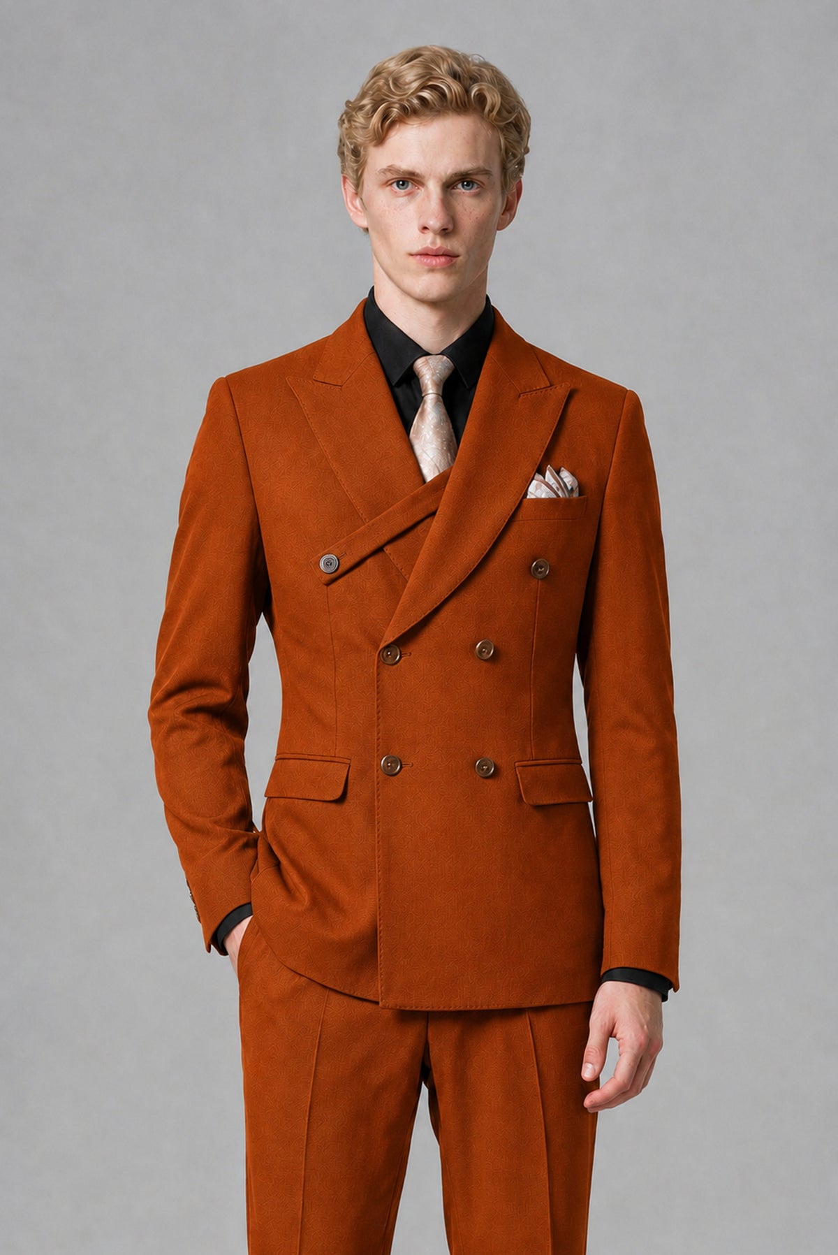 BOLODOO Men's Burnt Orange Double-Breasted Two-Piece Suit – Jacket & Trousers - Burnt Orange