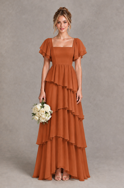 BOLODOO Burnt Orange Square Neck Flutter Sleeve Tiered Chiffon Bridesmaid Dress with Lace-Up Back - Burnt Orange - Burnt Orange_1