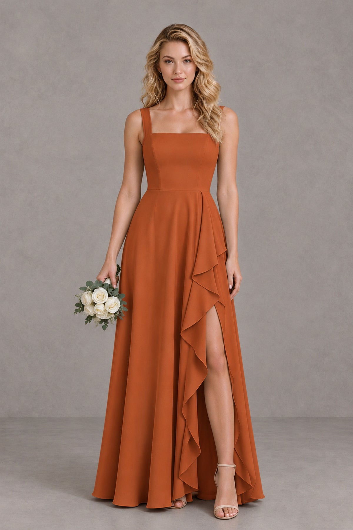 BOLODOO Burnt Orange Square Neck Ruffle A-Line Bridesmaid Dress with Slit - Burnt Orange - Burnt Orange_1