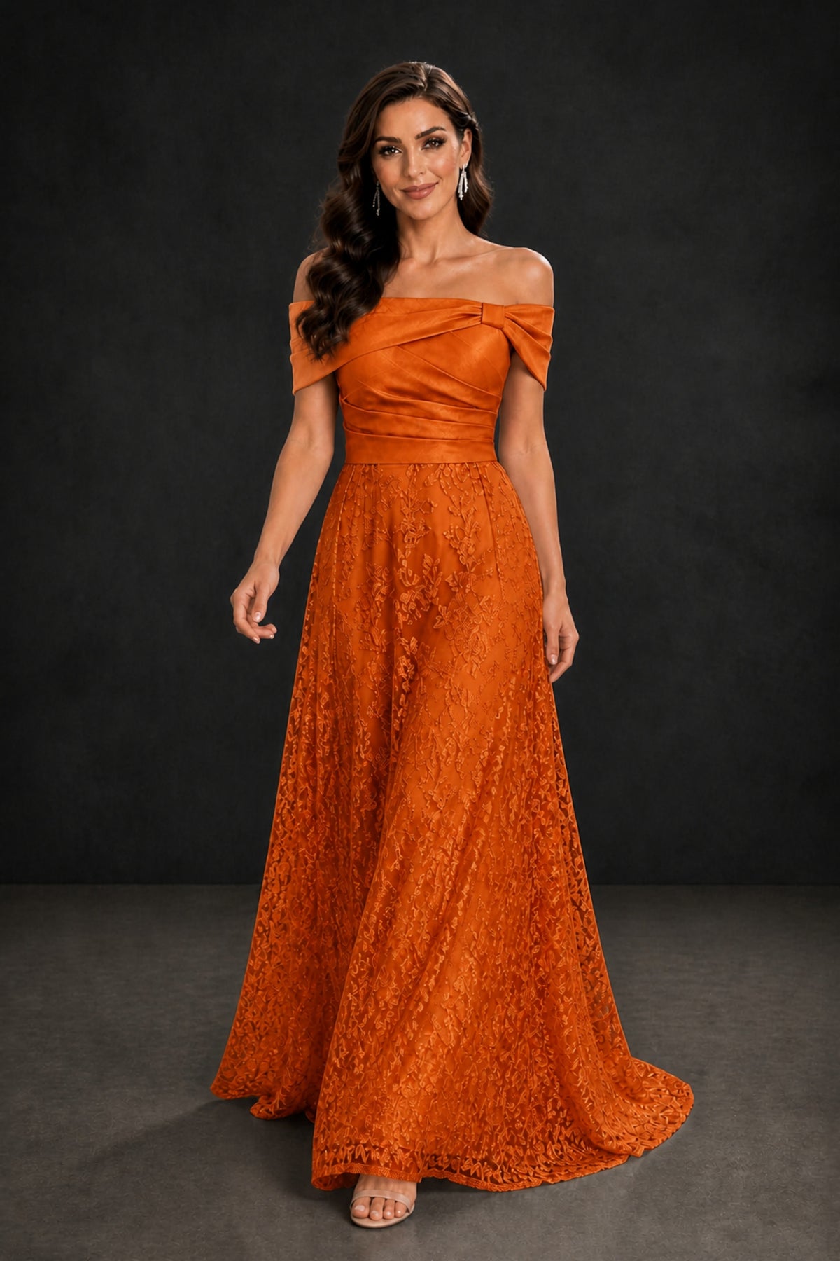 BOLODOO Burnt Orange Lace Glitter Off Shoulder Cap Sleeve A-Line Ball Gown with Train – Formal Evening Dress - Burnt Orange