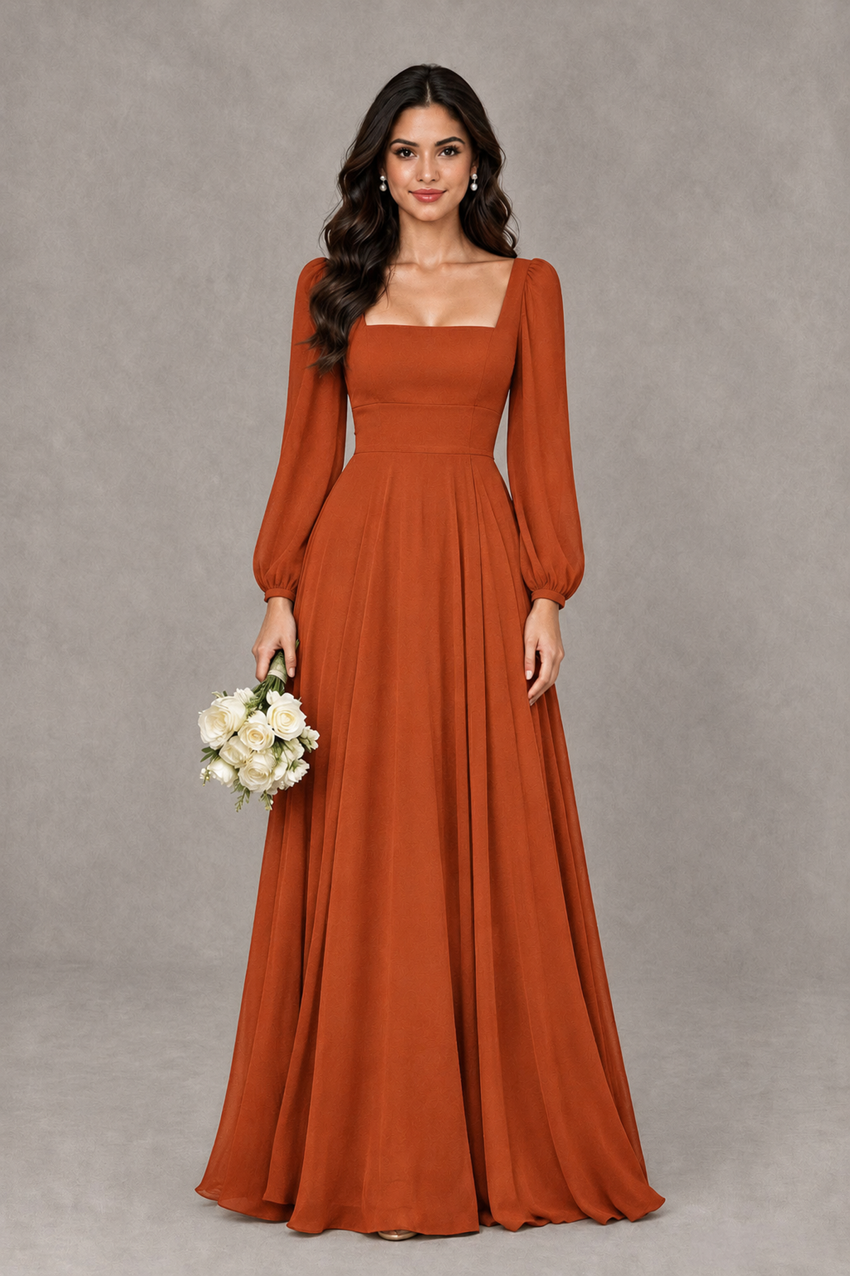 BOLODOO Burnt Orange Square Neck Long Sleeve A-Line Bridesmaid Dress - Burnt Orange - Burnt Orange_1