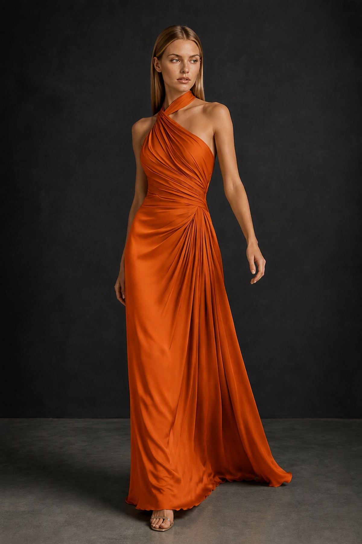 BOLODOO Burnt Orange Twisted Halter Neck Ruched Sleeveless Open Back Floor-Length Gown - Burnt Orange