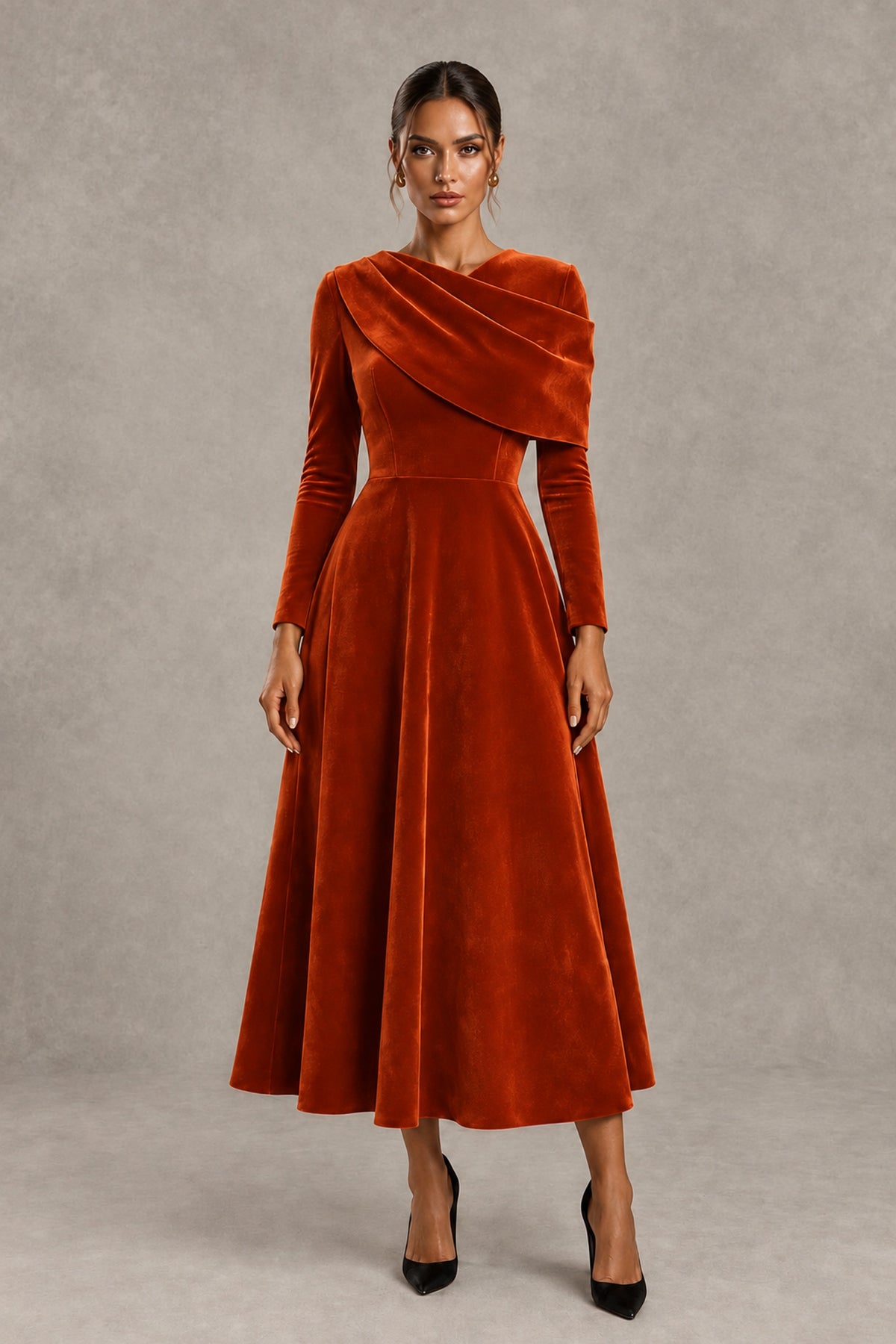 BOLODOO Burnt Orange Velvet-Look Long Sleeve Tea-Length A-Line Dress with Draped Neckline - Burnt Orange - Burnt Orange_1