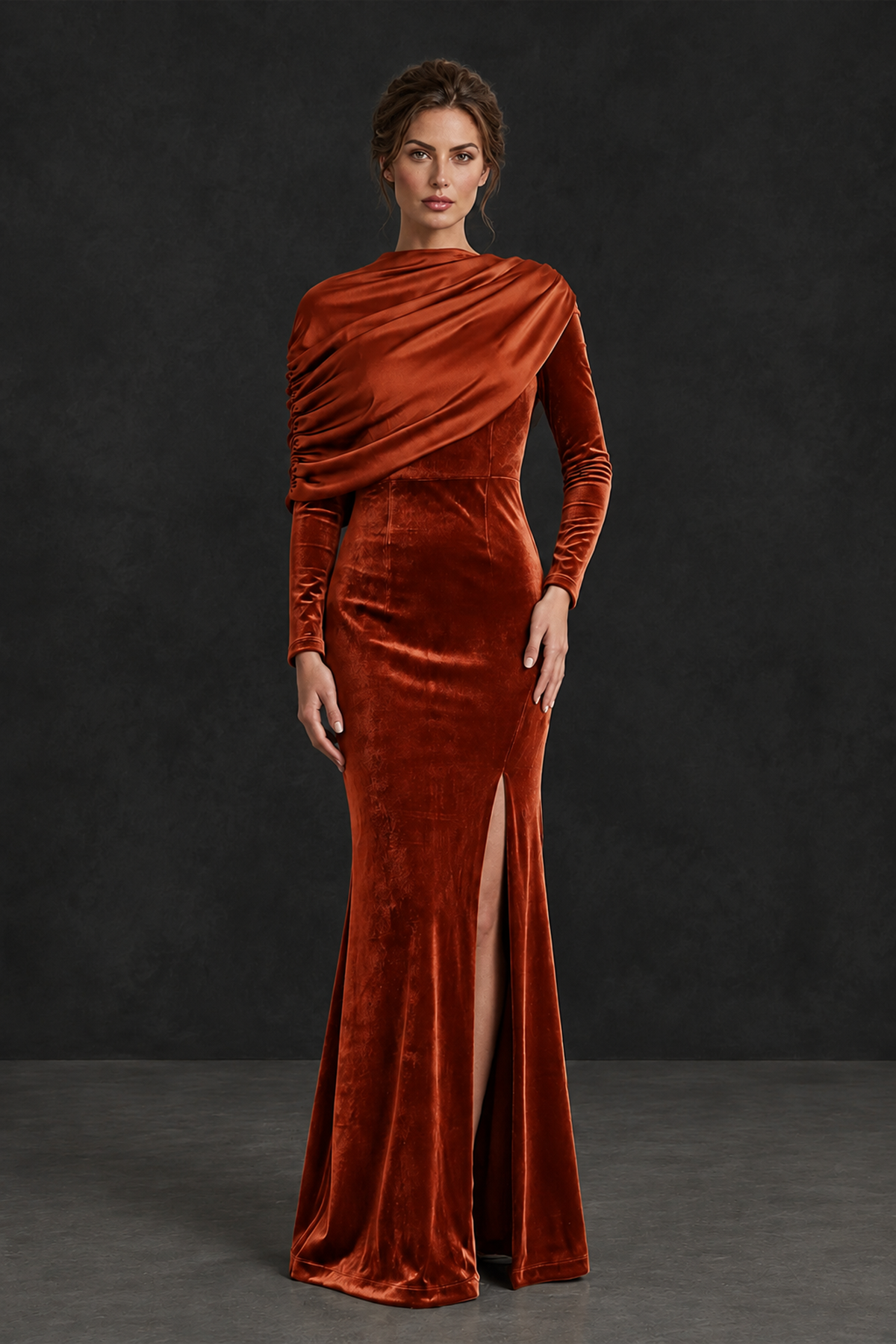 BOLODOO Burnt Orange Velvet Long Sleeve Draped Mother of the Bride Dress - Burnt Orange - Burnt_Orange_1
