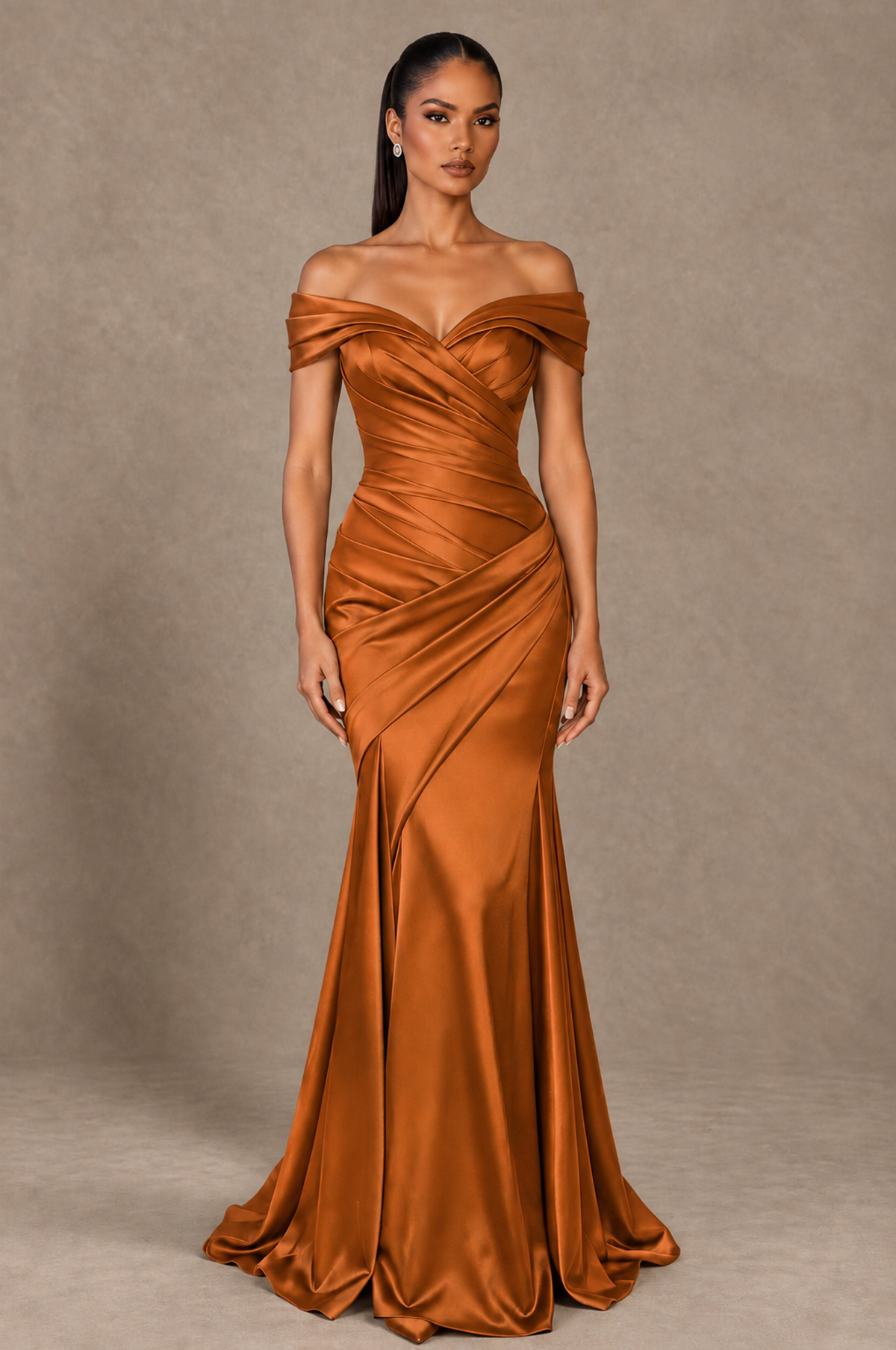 BOLODOO Burnt Orange Off-the-Shoulder Ruched Satin Mermaid Evening Dress - Burnt Orange - Burnt_Orange_1