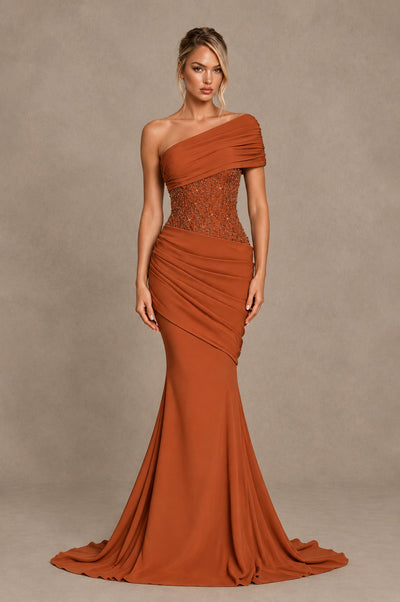BOLODOO Burnt Orange One-Shoulder Sequin Embroidered Ruched Mermaid Gown with Train - Burnt Orange - Burnt Orange_1