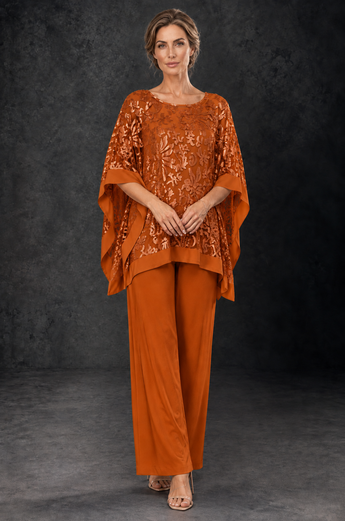 BOLODOO Burnt Orange Floral Cape Mother of the Bride Pant Suit - Burnt Orange - Burnt_Orange_1