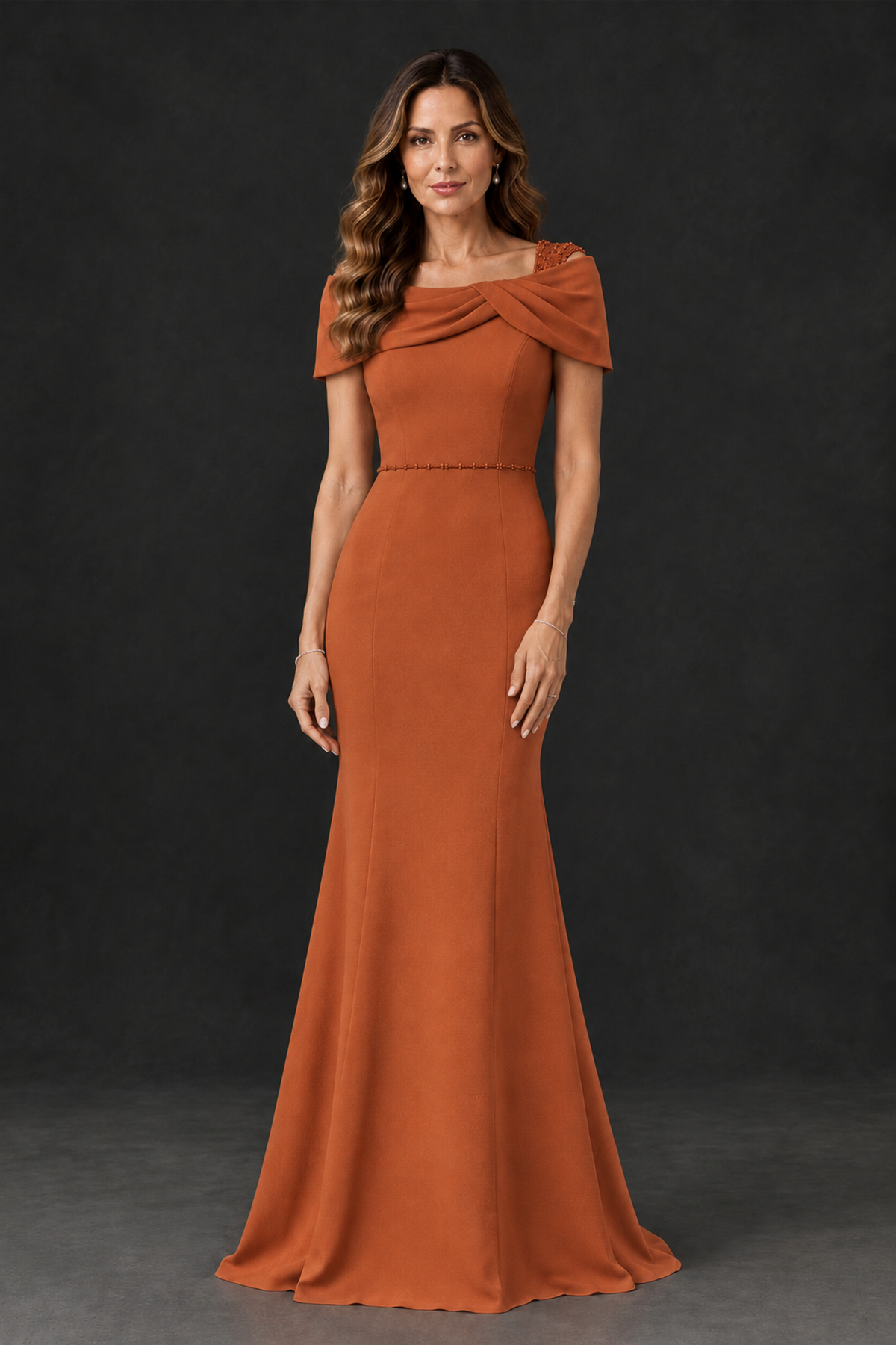 BOLODOO Burnt Orange Mother of the Bride Dress with Draped Cape Detail - Burnt Orange - Burnt_Orange_1