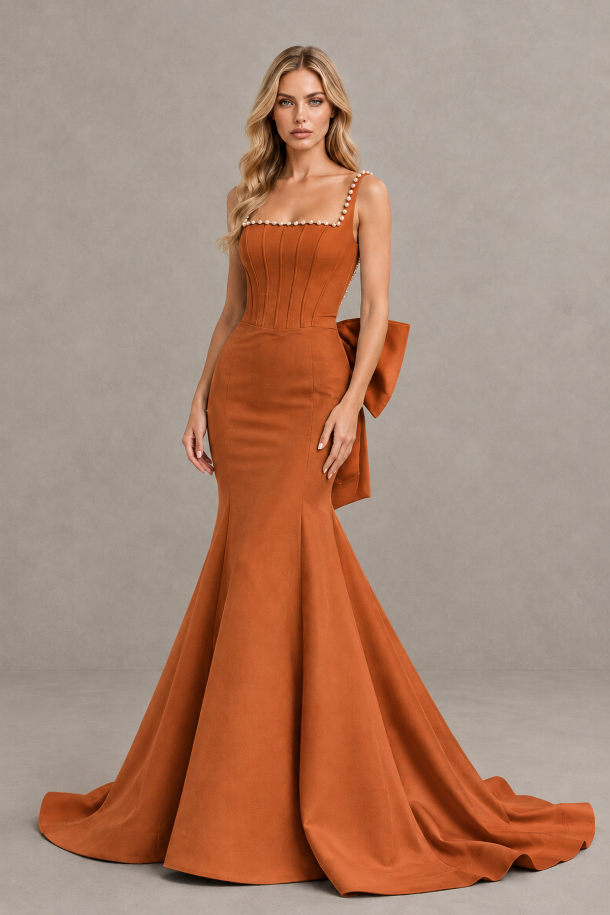BOLODOO Burnt Orange Pearl-Trim Mermaid Prom Dress with Back Bow - Burnt Orange - Burnt_Orange_1