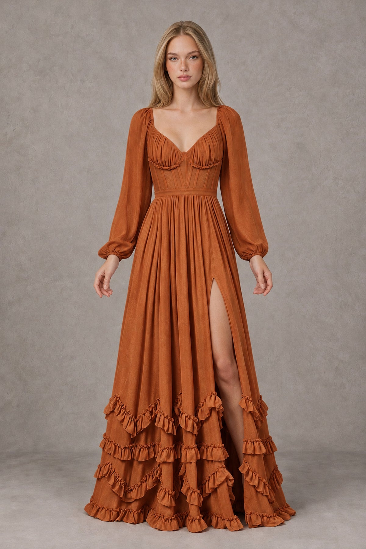 Burnt Orange Long-Sleeve Ruffle Maxi Dress with Lace-Up Back and Slit - Burnt Orange
