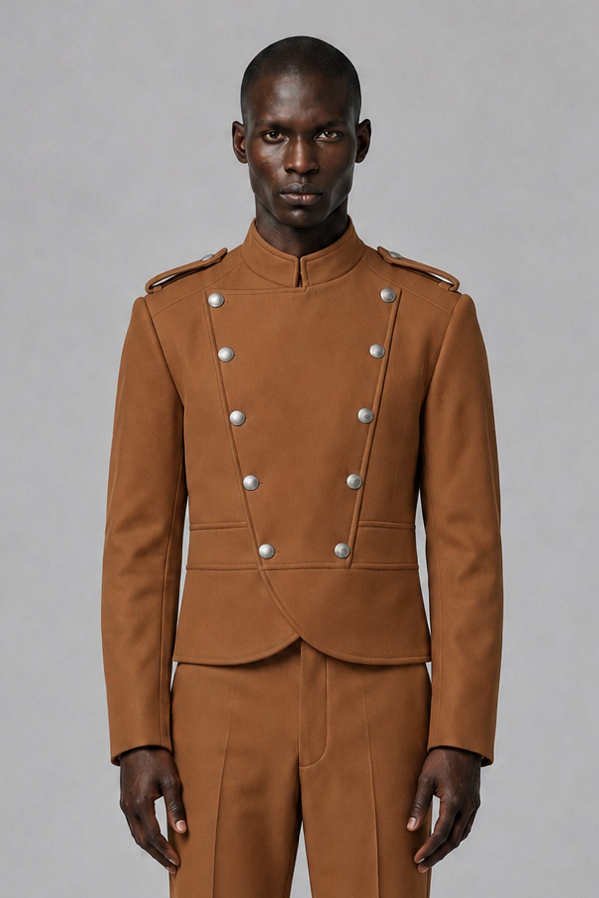 Bolodoo Men's Burnt Orange Military-Inspired Two-Piece Suit with Stand Collar - Burnt Orange - Burnt Orange_1