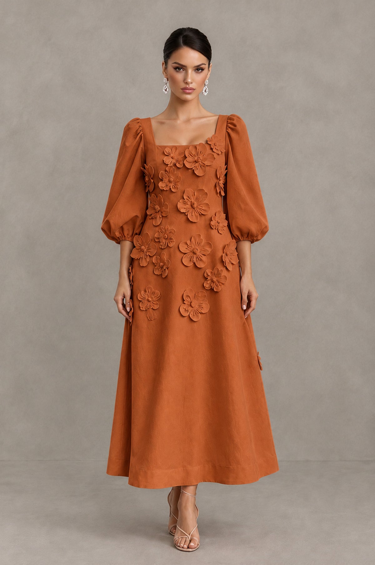 BOLODOO Burnt Orange 3D Floral Puff Sleeve Midi Cocktail Dress - Burnt Orange - Burnt Orange_1