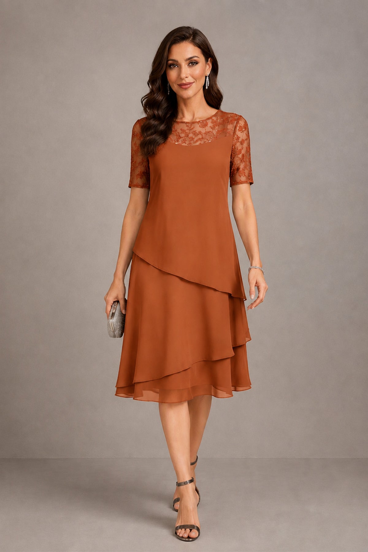 BOLODOO Burnt Orange Illusion Lace Short Sleeve Tiered Chiffon Tea Length Dress | Mother of the Bride Midi Dress - Burnt Orange