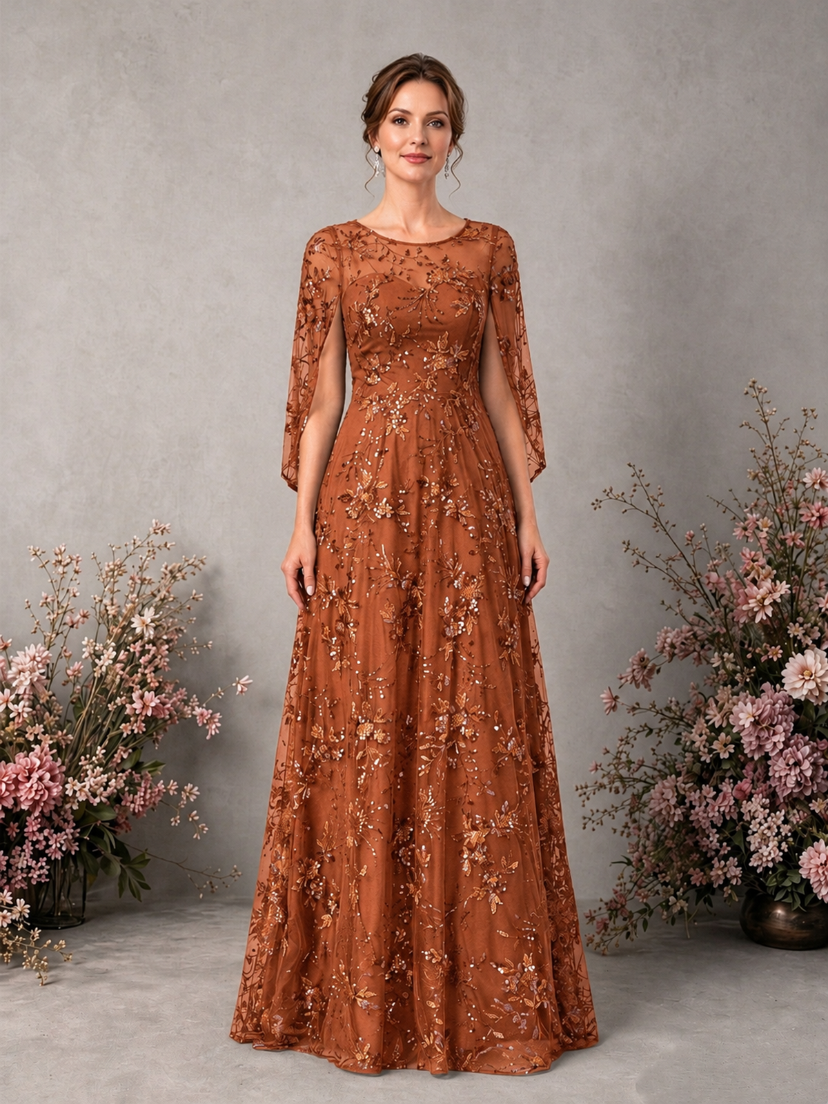 BOLODOO Burnt Orange Sequin Lace Cape Sleeve Formal Evening Gown - Burnt Orange - Burnt Orange_1