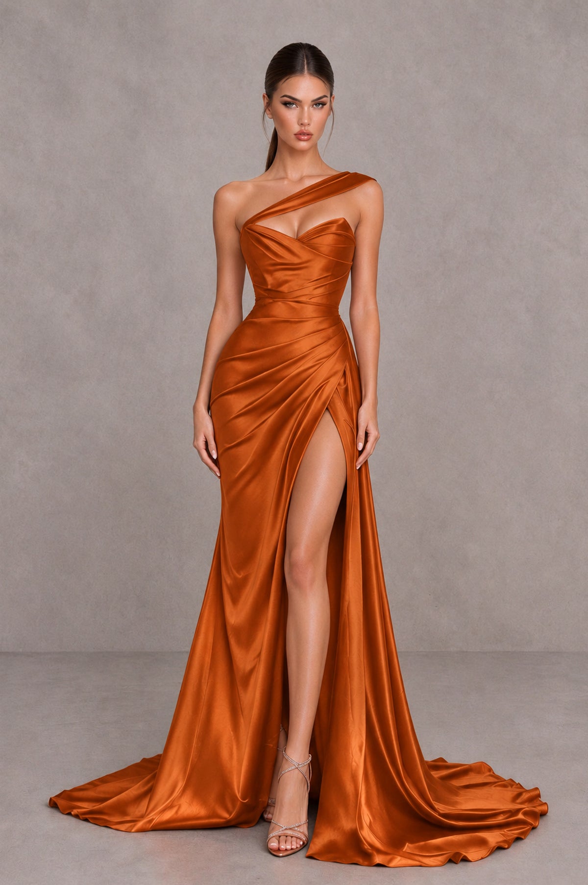 BOLODOO Burnt Orange One Shoulder Satin Mermaid Evening Dress with Ruched Slit Skirt - Burnt Orange - Burnt Orange_1