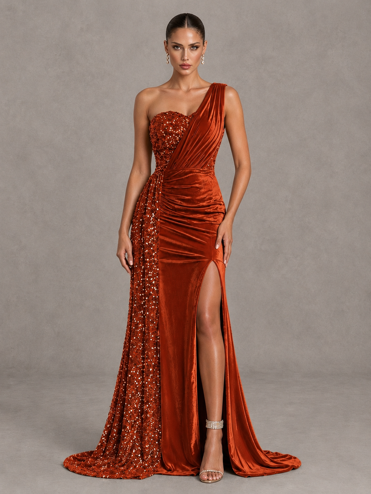 BOLODOO Burnt Orange One-Shoulder Satin Sequin Gown with High Slit - Burnt Orange - Burnt Orange_1
