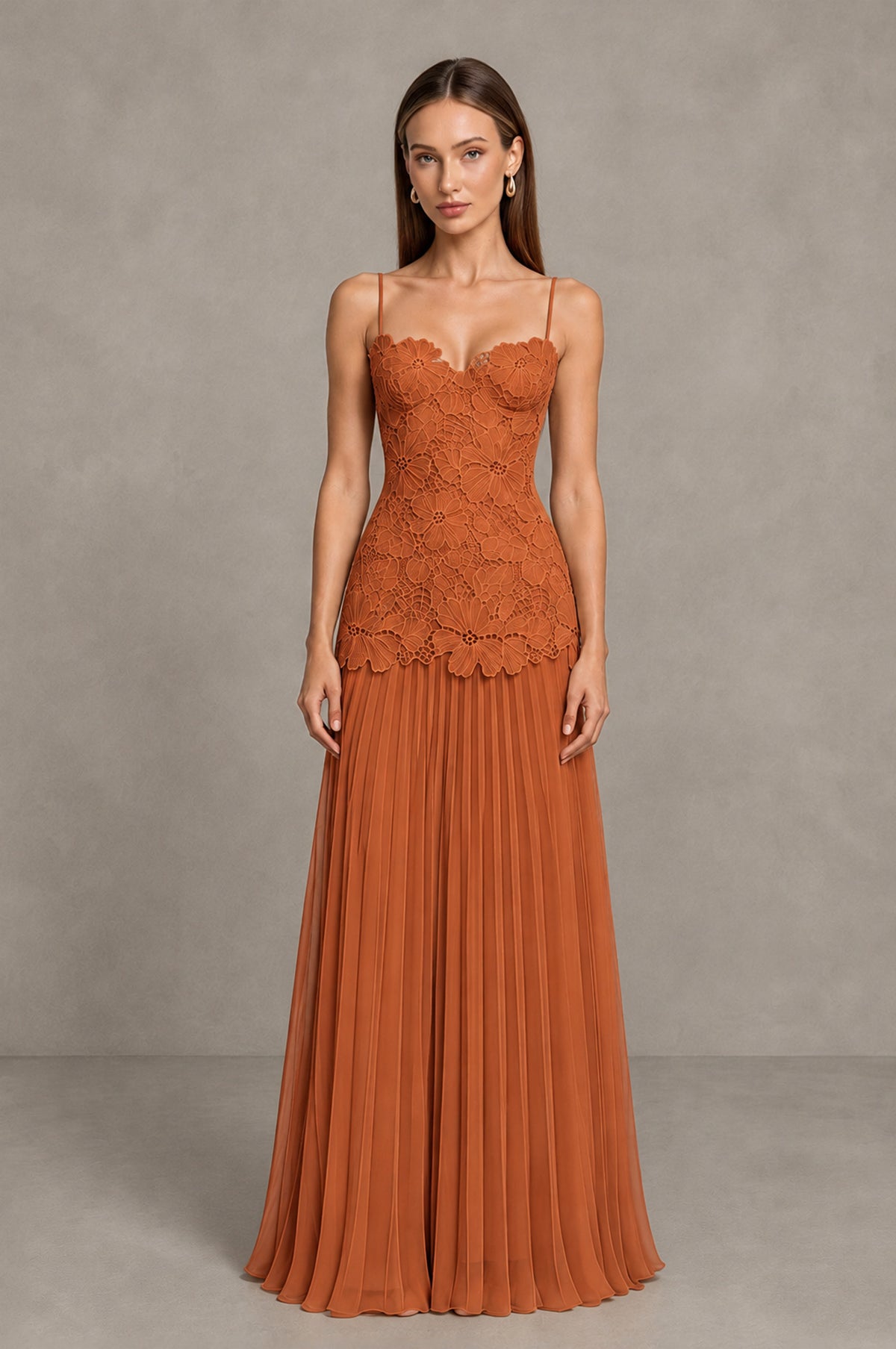 BOLODOO Burnt Orange Lace Bodice Pleated Wedding Guest Dress - Burnt Orange - Burnt Orange_1