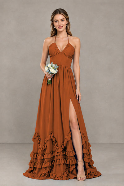 BOLODOO Burnt Orange Halter Ruffle Hem A-Line Bridesmaid Dress with High Slit - Burnt Orange - Burnt Orange(1)