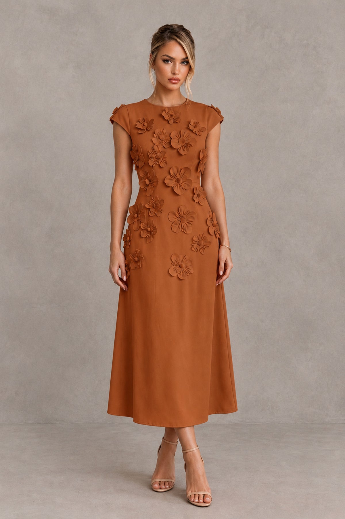 BOLODOO Burnt Orange 3D Floral Cap Sleeve Midi Cocktail Dress - Burnt Orange - Burnt Orange_1