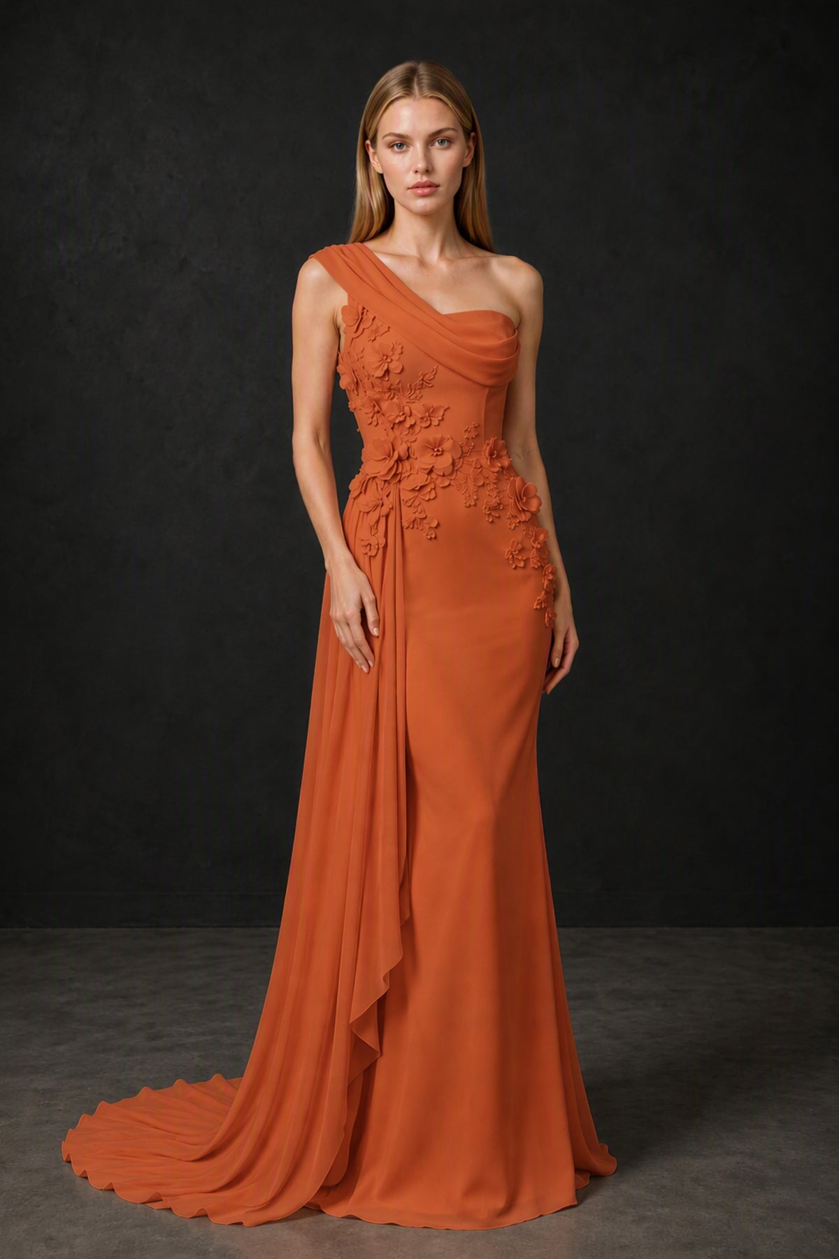 BOLODOO Burnt Orange One-Shoulder 3D Floral Appliqué Chiffon Gown with Open Back - Burnt Orange