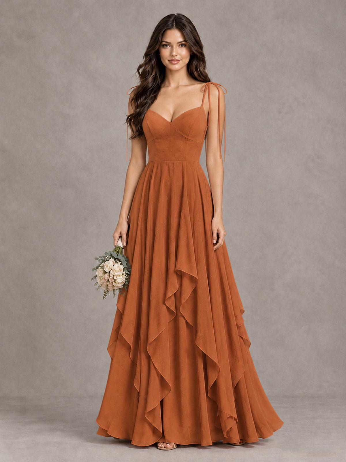 BOLODOO Burnt Orange Tie-Strap Ruffle A-Line Bridesmaid Dress - Burnt Orange - Burnt Orange_1