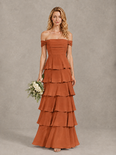 BOLODOO Burnt Orange Off-Shoulder Tiered Ruffle Bridesmaid Dress with Lace-Up Back - Burnt Orange - Burnt Orange_1