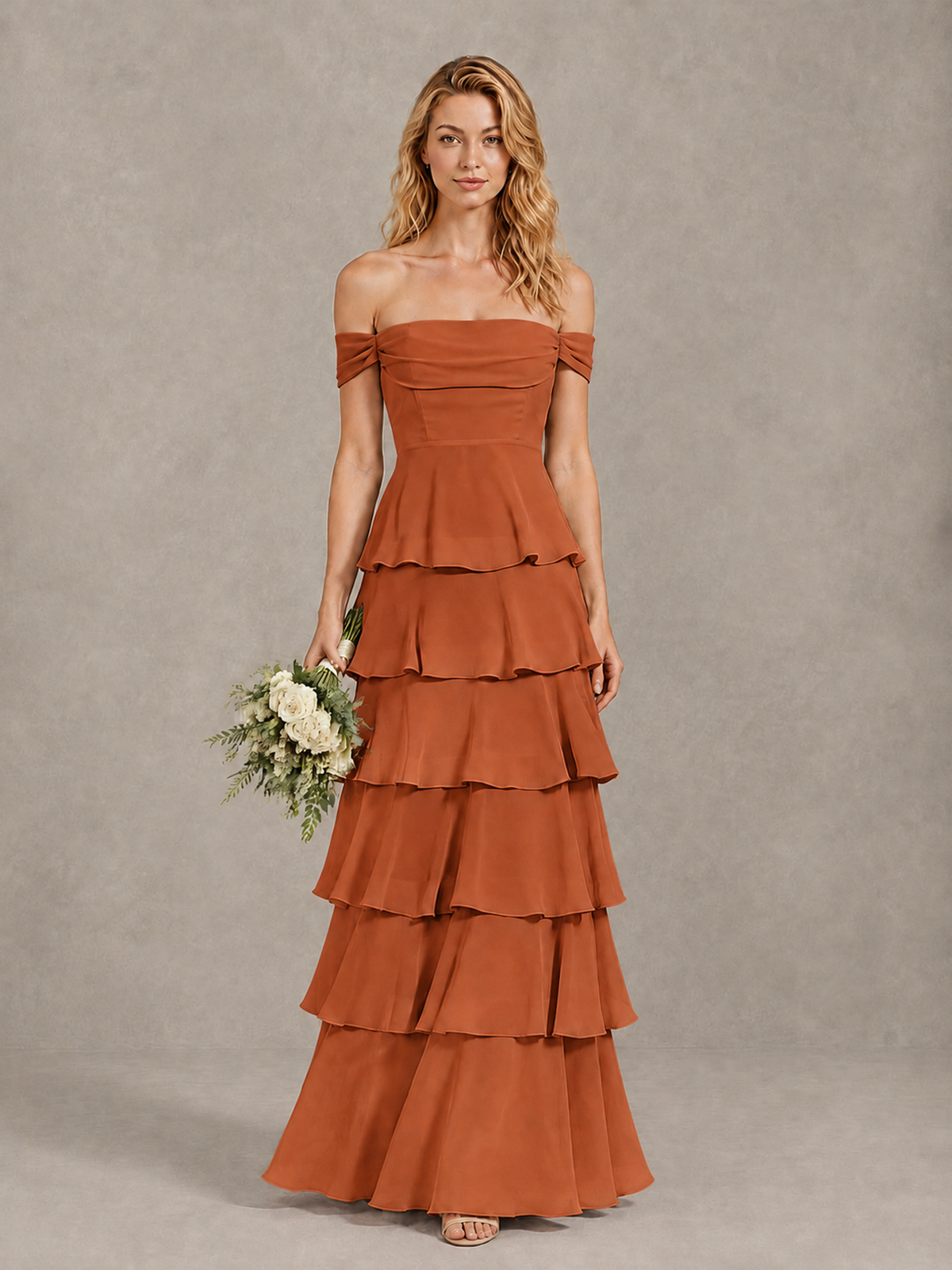 BOLODOO Burnt Orange Off-Shoulder Tiered Ruffle Bridesmaid Dress with Lace-Up Back - Burnt Orange - Burnt Orange_1