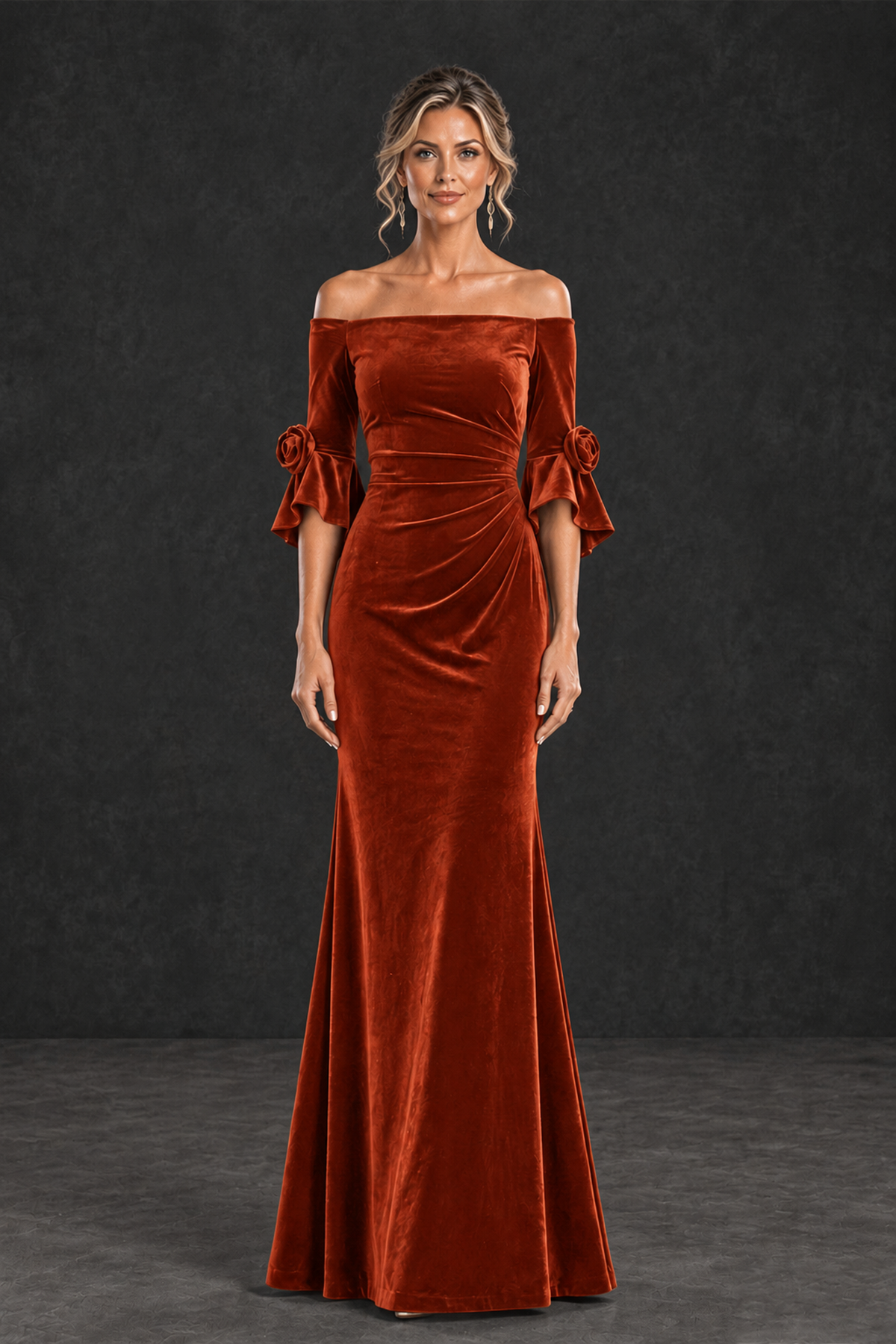 BOLODOO Burnt Orange Velvet Off-Shoulder Mother of the Bride Dress – 3/4 Floral Cuff Sleeve Mermaid Evening Gown - Burnt Orange - Burnt Orange_1
