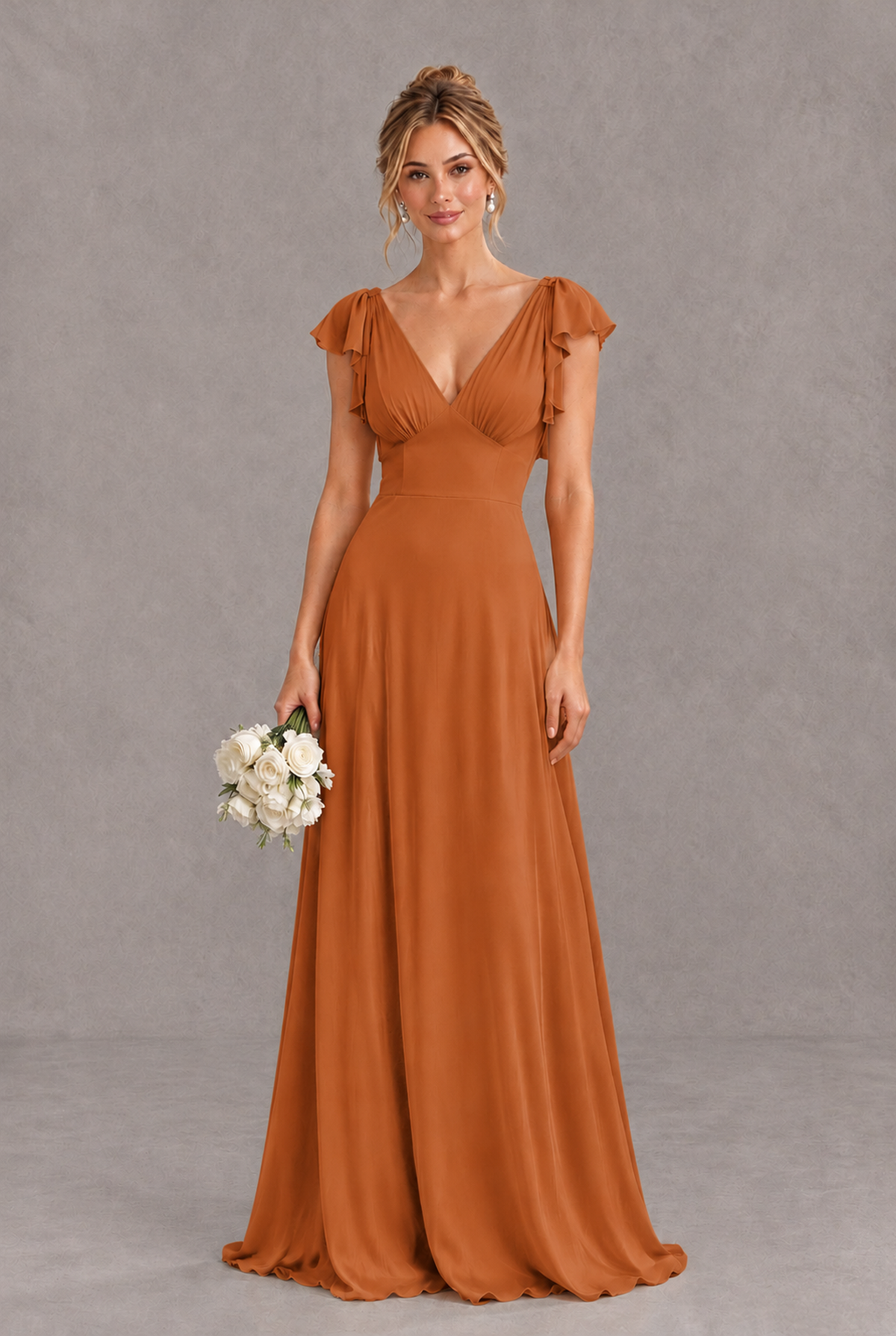 BOLODOO Burnt Orange V-Neck Flutter Sleeve A-Line Bridesmaid Dress - Burnt Orange - Burnt Orange_1