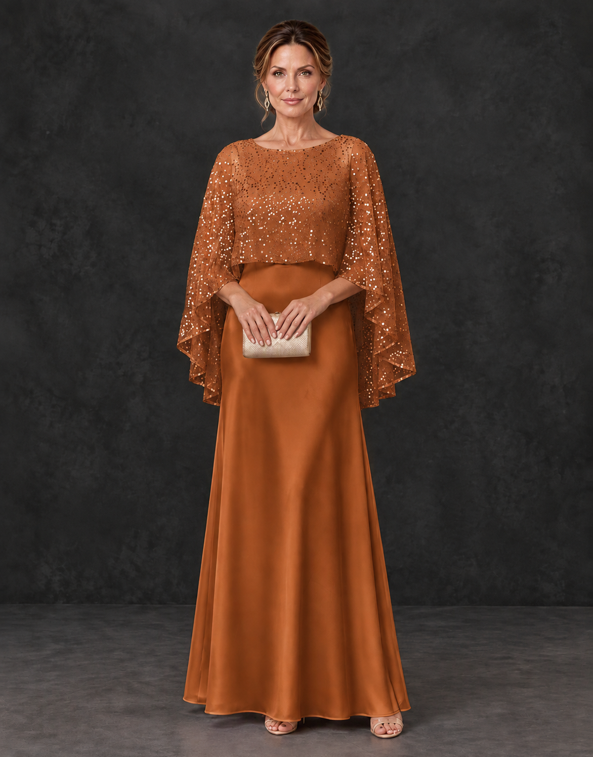 BOLODOO Burnt Orange Sparkle Cape Sleeve Mother of the Bride Dress - Burnt Orange - Burnt_Orange_1