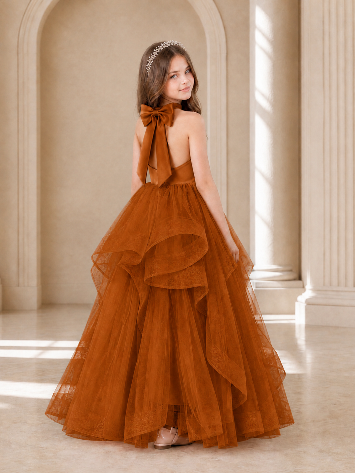 BOLODOO Burnt Orange Halter Tiered Tulle Flower Girl Dress with Bow Back - Burnt Orange - Burnt Orange_1