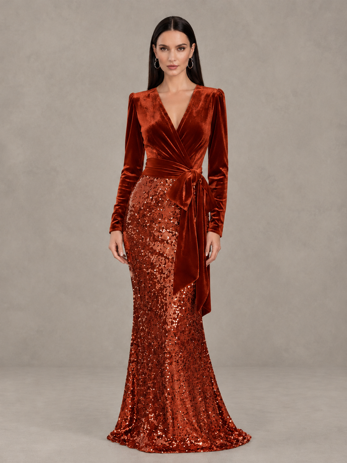 BOLODOO Burnt Orange Velvet & Sequin Long Sleeve V-Neck Mermaid Evening Gown - Burnt Orange - Burnt Orange_1