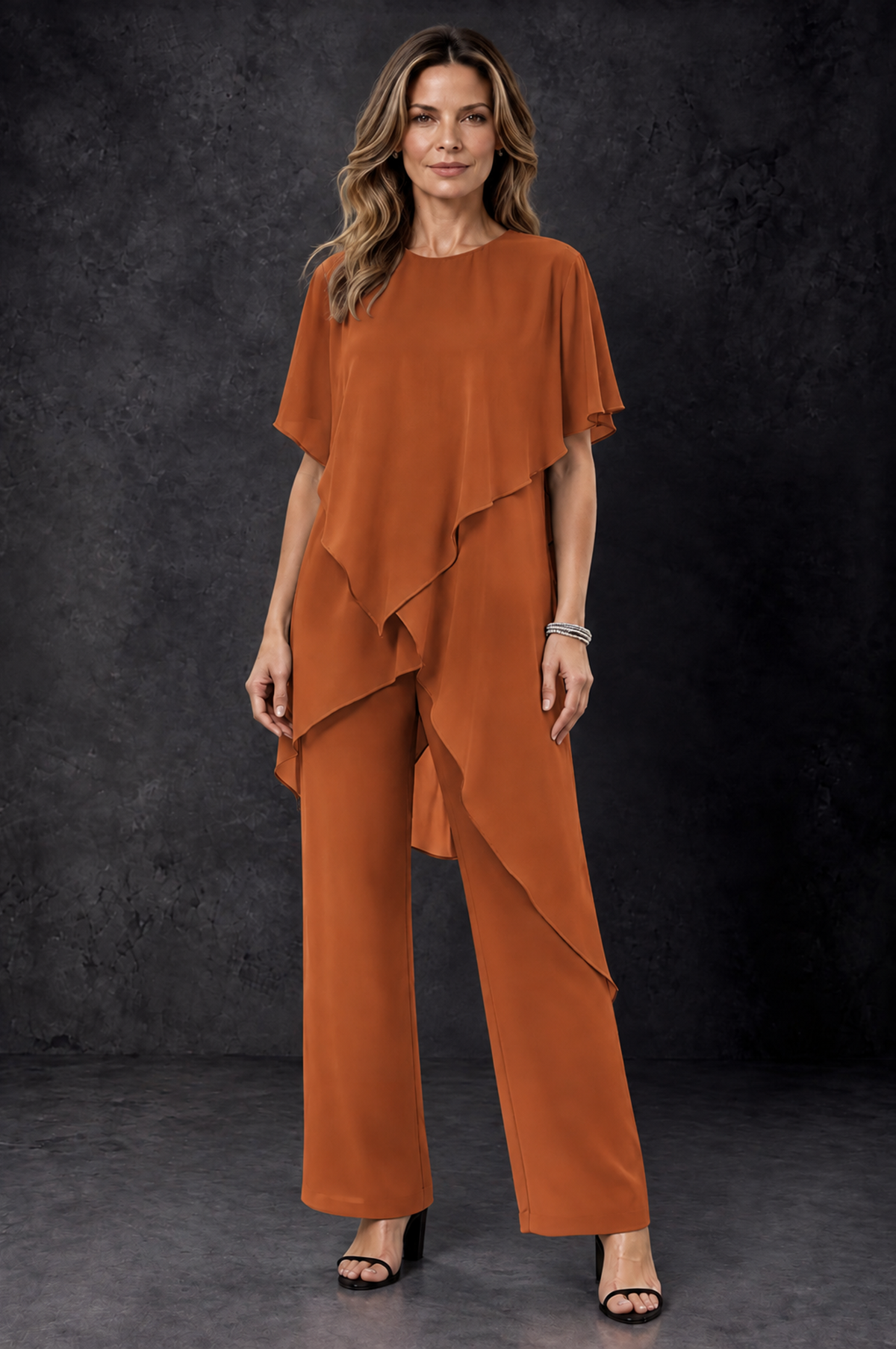 BOLODOO Burnt Orange Chiffon Two Piece Mother of the Bride Pant Suit - Burnt Orange - Burnt_Orange_1