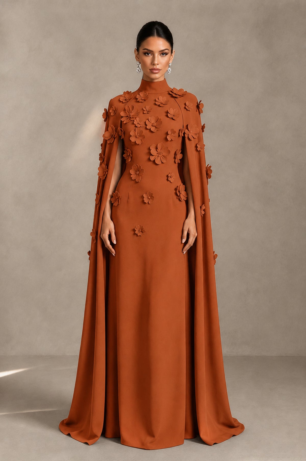 BOLODOO Burnt Orange 3D Floral Applique Cape Formal Dress - Burnt Orange - Burnt Orange_1