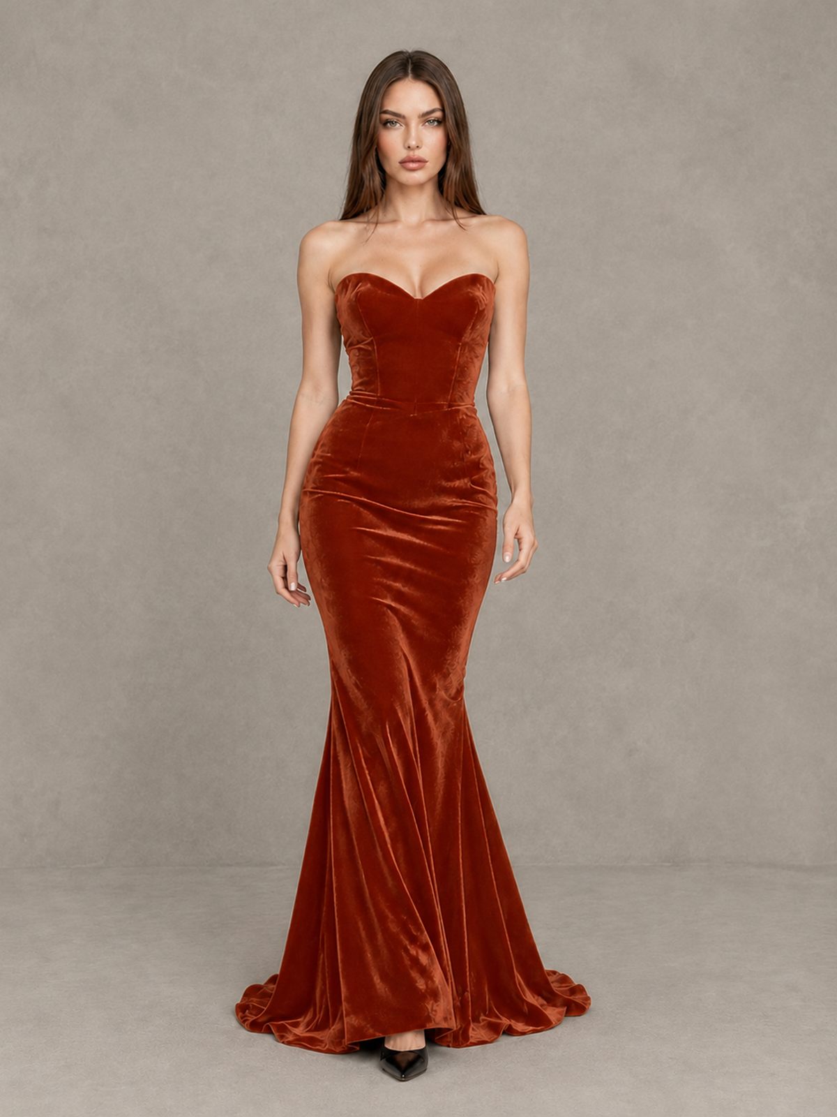 BOLODOO Burnt Orange Strapless Sweetheart Velvet-Look Mermaid Evening Dress - Burnt Orange - Burnt Orange_1