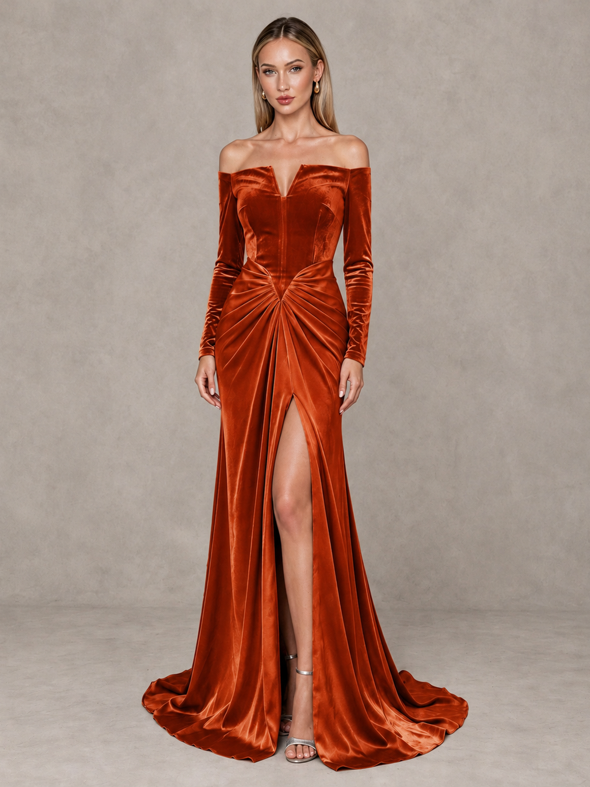 BOLODOO Burnt Orange Off-Shoulder Velvet Evening Gown with High Slit - Burnt Orange - Burnt Orange_1