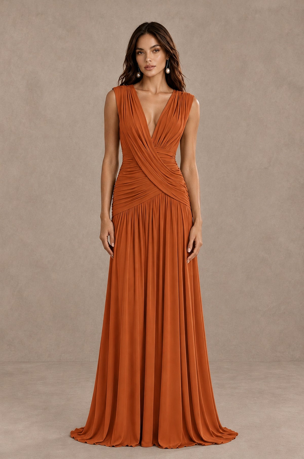 BOLODOO Burnt Orange V-Neck Ruched Wedding Guest Dress - Burnt Orange - Burnt Orange_1