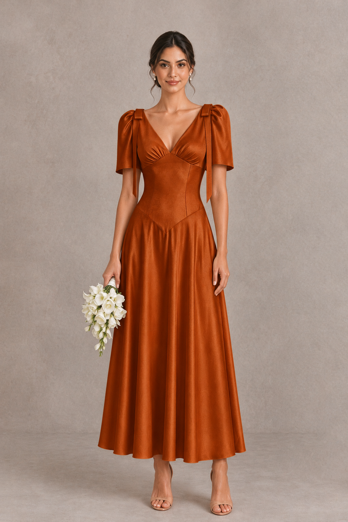 BOLODOO Burnt Orange V-Neck Short Sleeve Satin-Look Bridesmaid Dress with Shoulder Bows - Burnt Orange - Burnt Orange_1