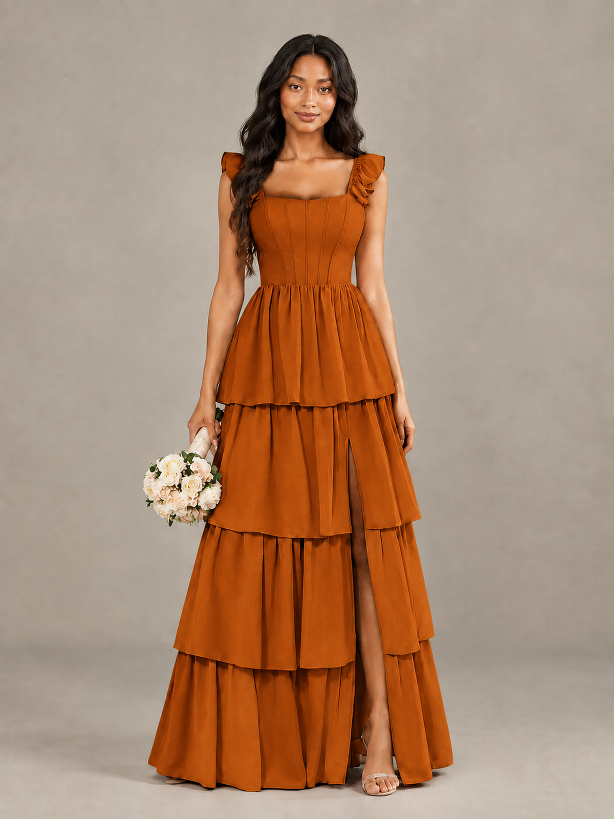 BOLODOO Burnt Orange Tiered Maxi Bridesmaid Dress with Slit - Burnt Orange