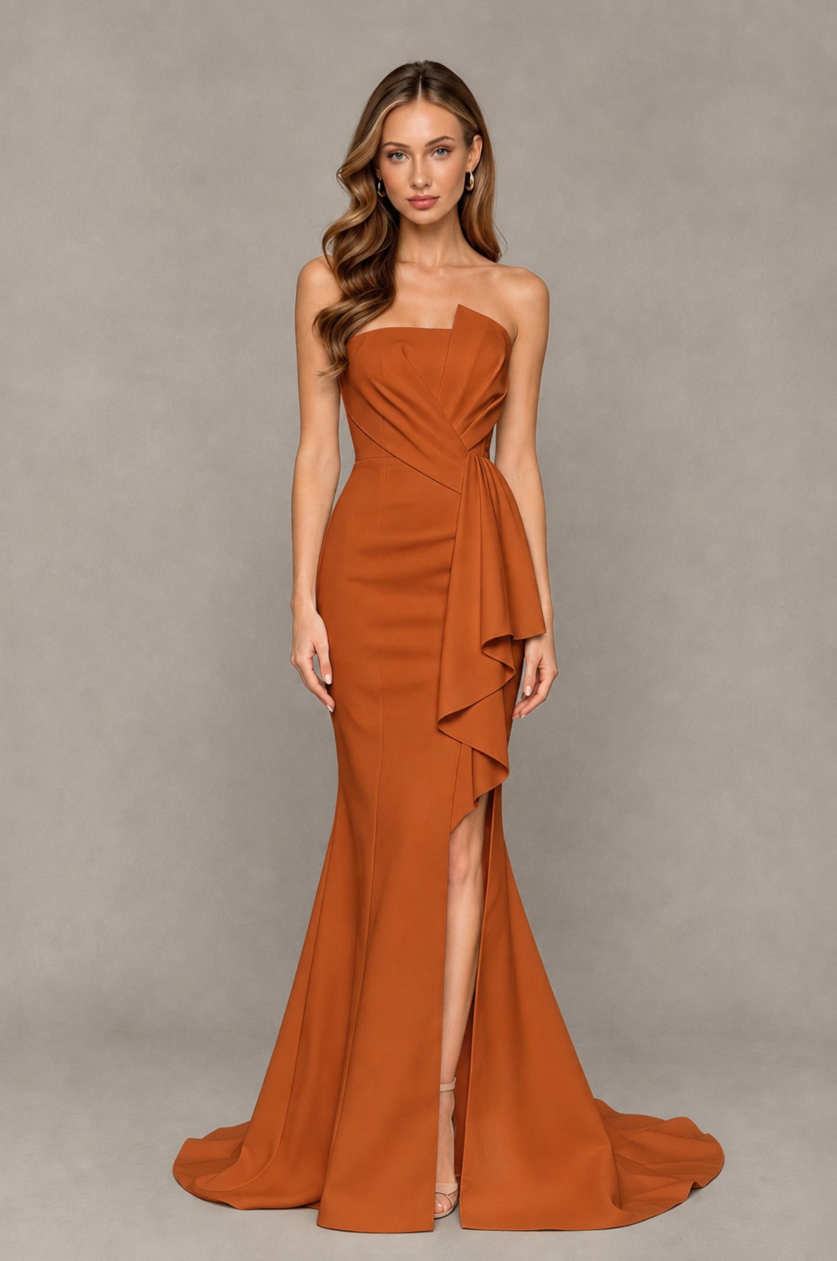 BOLODOO Burnt Orange Strapless Mermaid Evening Dress with Ruffle Slit and Train - Burnt Orange - Burnt Orange_1