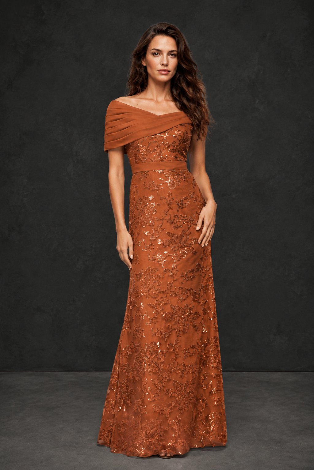 BOLODOO Burnt Orange Off-Shoulder Sequin Lace Mermaid Evening Gown | Mother of the Bride Formal Dress - Burnt Orange