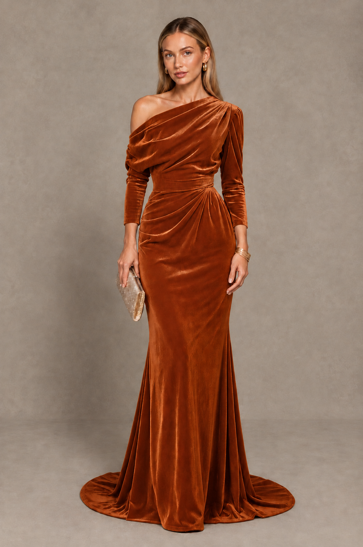 BOLODOO Burnt Orange Velvet Asymmetric Neck Mermaid Evening Dress - Burnt Orange - Burnt_Orange_1