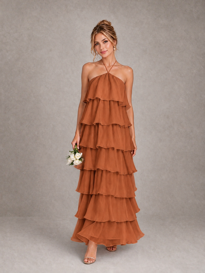 BOLODOO Burnt Orange Halter Tiered Ruffle Maxi Bridesmaid Dress - Burnt Orange - Burnt Orange_1
